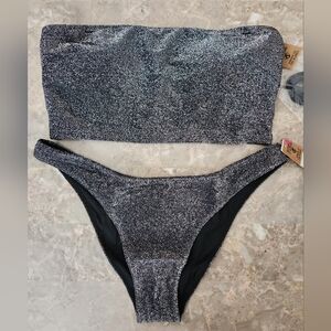 XS/XS S/S PINK Swim Shimmer Bandeau Bikini Top Brazilian Bikini Set